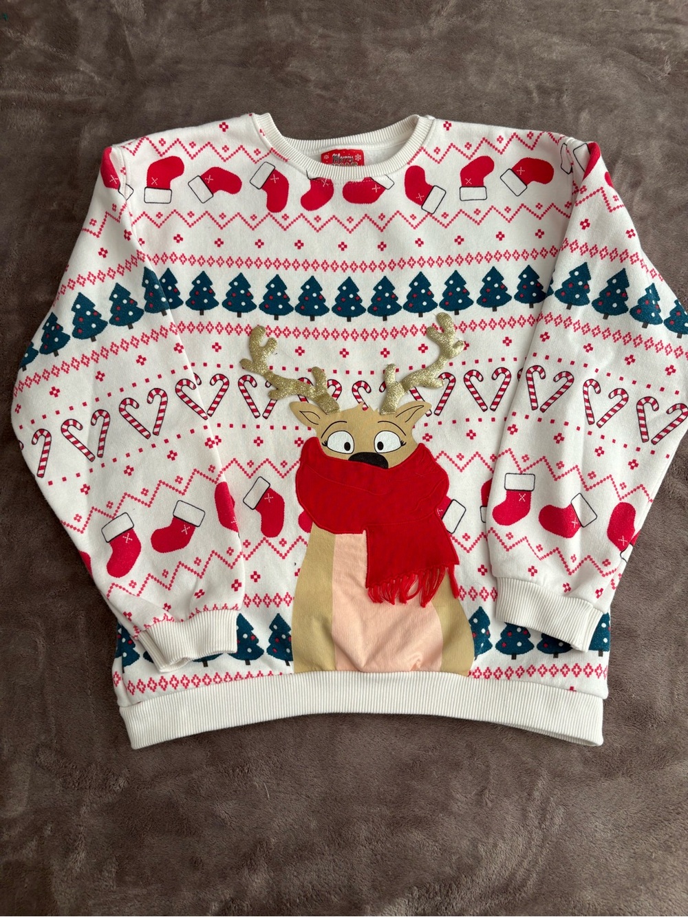 Kids Reindeer Holiday Sweatshirt Hoodie - White with Red & Green Accents